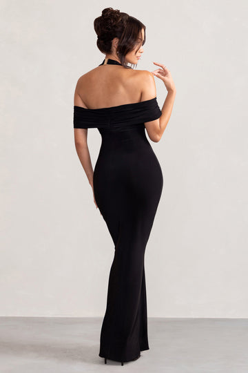 Anisa Black Halter Neck Bardot Maxi Dress With Thigh Split